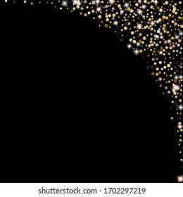 Gold Glitter Stars. Luxury Shiny Confetti. Scattered little sparkle. Flash glow silver element. Random magic tiny light. Hexagon stellar fall black background. New Year, Christmas Vector illustration.