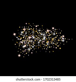 Gold Glitter Stars. Luxury Shiny Confetti. Scattered little sparkle. Flash glow silver element. Random magic tiny light. Hexagon stellar fall black background. New Year, Christmas Vector illustration.