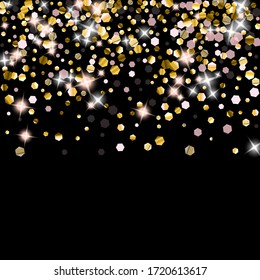 Gold Glitter Stars. Luxury Shiny Confetti. Scattered little sparkle. Flash glow silver element. Random magic tiny light. Hexagon stellar fall black background. New Year, Christmas Vector illustration.