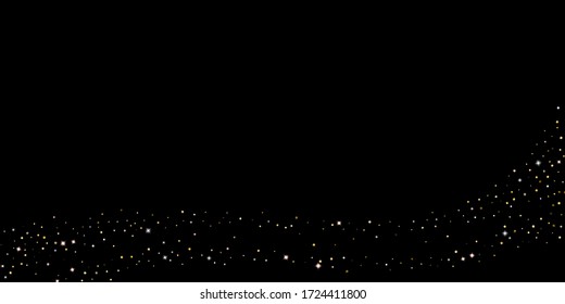Gold Glitter Stars. Luxury Shiny Confetti. Scattered little sparkle. Flash glow silver element. Random magic tiny light. Hexagon stellar fall black background. New Year, Christmas Vector illustration.