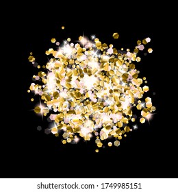 Gold Glitter Stars. Luxury Shiny Confetti. Scattered little sparkle. Flash glow silver element. Random magic tiny light. Hexagon stellar fall black background. New Year, Christmas Vector illustration.