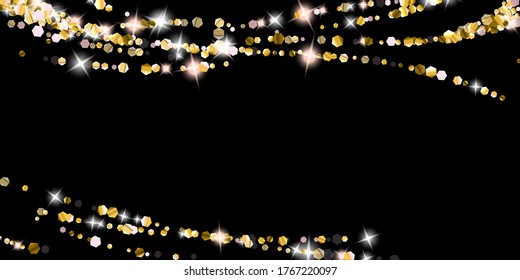 Gold Glitter Stars. Luxury Shiny Confetti. Scattered little sparkle. Flash glow silver element. Random magic tiny light. Hexagon stellar fall black background. New Year, Christmas Vector illustration.