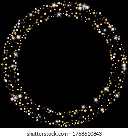 Gold Glitter Stars. Luxury Shiny Confetti. Scattered little sparkle. Flash glow silver element. Random magic tiny light. Hexagon stellar fall black background. New Year, Christmas Vector illustration.