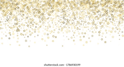 Gold Glitter Stars. Luxury Shiny Confetti. Scattered little sparkle. Flash glow silver, elements. Random magic tiny light. Gold stellar fall white background. New Year, Christmas Vector illustration.