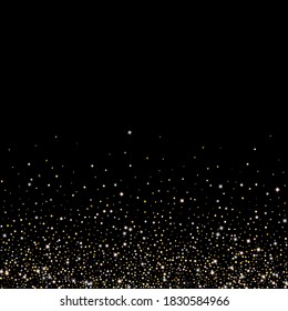 Gold Glitter Stars. Luxury Shiny Confetti. Scattered little sparkle. Flash glow silver element. Random magic tiny light. Hexagon stellar fall black background. New Year, Christmas Vector illustration.