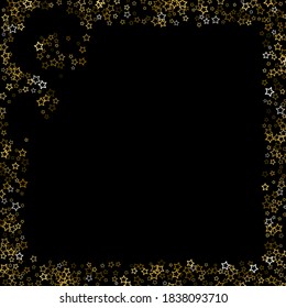 Gold Glitter Stars. Luxury Shiny Confetti. Scattered little sparkle. Flash glow silver, elements. Random magic tiny light. Gold stellar fall black background. New Year, Christmas Vector illustration.