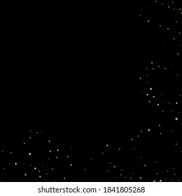 Gold Glitter Stars. Luxury Shiny Confetti. Scattered little sparkle. Flash glow silver element. Random magic tiny light. Hexagon stellar fall black background. New Year, Christmas Vector illustration.