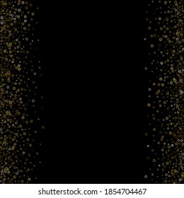 Gold Glitter Stars. Luxury Shiny Confetti. Scattered little sparkle. Flash glow silver element. Random magic tiny light. Stellar fall black background. New Year, Christmas Vector illustration.