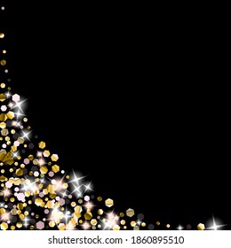 Gold Glitter Stars. Luxury Shiny Confetti. Scattered little sparkle. Flash glow silver element. Random magic tiny light. Hexagon stellar fall black background. New Year, Christmas Vector illustration.