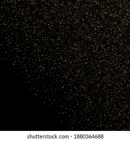 Gold Glitter Stars. Luxury Shiny Confetti. Scattered little sparkle. Flash glow silver element. Random magic tiny light. Stellar fall black background. New Year, Christmas Vector illustration.