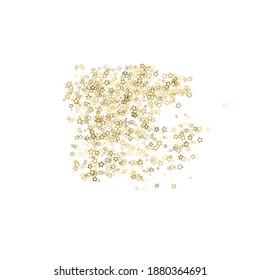 Gold Glitter Stars. Luxury Shiny Confetti. Scattered little sparkle. Flash glow silver, elements. Random magic tiny light. Gold stellar fall white background. New Year, Christmas Vector illustration.