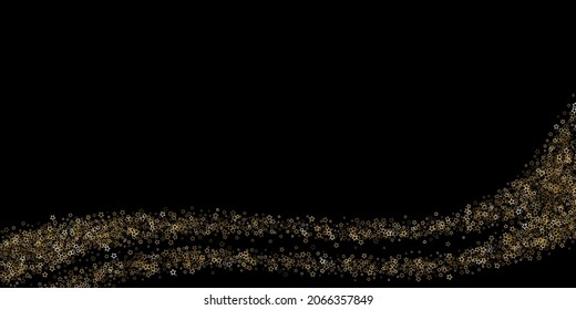 Gold Glitter Stars. Luxury Shiny Confetti. Scattered little sparkle. Flash glow silver element. Random magic tiny light. Stellar fall black background. New Year, Christmas Vector illustration.