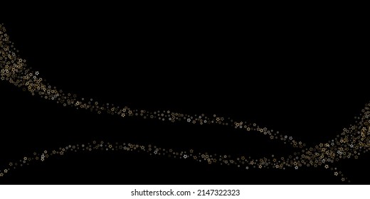 Gold Glitter Stars. Luxury Shiny Confetti. Scattered little sparkle. Flash glow silver element. Random magic tiny light. Stellar fall black background. New Year, Christmas Vector illustration.