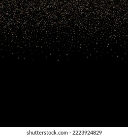 Gold Glitter Stars. Luxury Shiny Confetti. Scattered little sparkle. Flash glow silver element. Random magic tiny light. Stellar fall black background. New Year, Christmas Vector illustration.