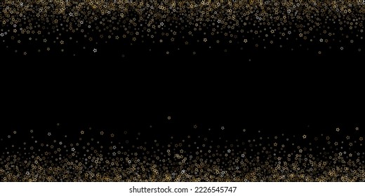 Gold Glitter Stars. Luxury Shiny Confetti. Scattered little sparkle. Flash glow silver element. Random magic tiny light. Stellar fall black background. New Year, Christmas Vector illustration.