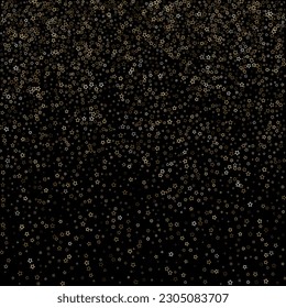 Gold Glitter Stars. Luxury Shiny Confetti. Scattered little sparkle. Flash glow silver element. Random magic tiny light. Stellar fall black background. New Year, Christmas Vector illustration.