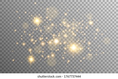 Gold glitter and stars on transparent background. Golden particles with stardust. Magic lights composition. Special light effect. Festive luxury shine. Vector illustration.