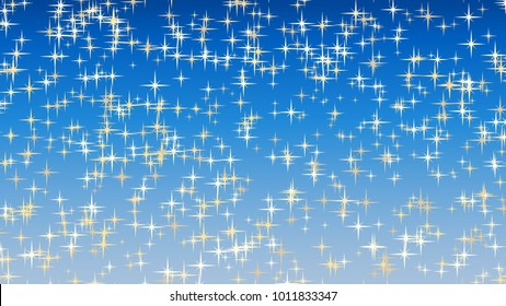 Gold glitter stars vector background. Golden scattered stars. Magic mist glowing. Stylish fashion blue backdrop.