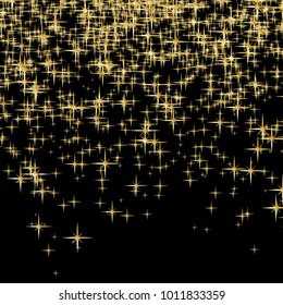 Gold glitter stars vector background. Golden scattered stars. Magic mist glowing. Stylish fashion black backdrop.