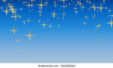 Gold glitter stars vector background. Golden scattered stars. Magic mist glowing. Stylish fashion blue backdrop.