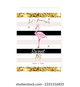 Gold glitter Sweet Sixteen invitation card with a flamingo. Template. Vector illustration