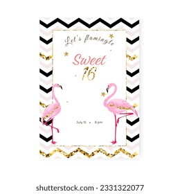 Gold glitter Sweet Sixteen invitation card with two flamingos. Template. Vector illustration