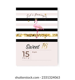 Gold glitter Sweet Sixteen invitation card with a flamingo. Template. Vector illustration