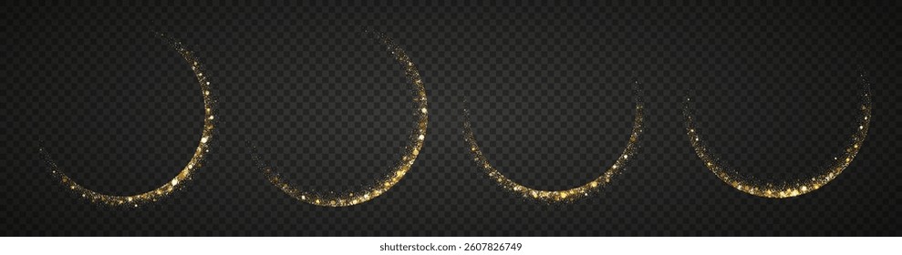 Gold glitter swirl trail. Glowing circle with sparkles for festive, magical, or holiday design