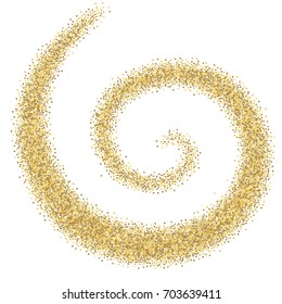 Gold glitter swirl vector illustration. yellow and brown dust spiral background, flying circle Golden confetti elements. Sparkle dots, round wave tinsel elements celebration backdrop graphic design.