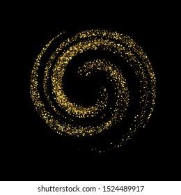 Gold glitter swirl wave on black background. Gold glitters.