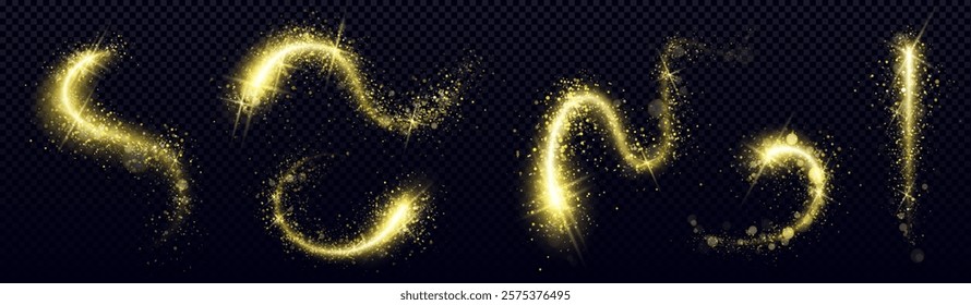 Gold glitter swirls with luminous sparkle effect and magical dust particles. Shimmering curved paths with bright light trails and twinkling stars for festive decoration or fantasy design elements.