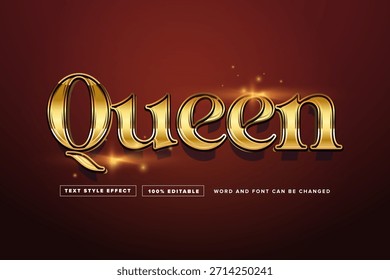 Efeito de texto dourado brilhante para palavra "rainha" no fundo vermelho escuro