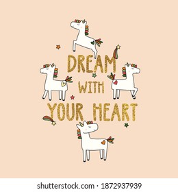 gold glitter text unicorn animal dream magic love heart star color black and white line tee illustrtaion art vector