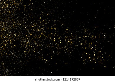Gold Glitter Textur einzeln auf Schwarz. Farbe der gelben Partikel. Feierlicher Hintergrund. Goldene Explosion von Confetti. Design-Element. Vektorgrafik, EPS10.