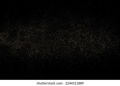 Gold Glitter Textur einzeln auf schwarzem Hintergrund. Goldener Sternenstaub. Farbe der gelben Partikel. Funkeln regnen. Vektorgrafik, EPS10.