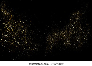 Textura de brillo dorado en un fondo negro. Fondo de vacaciones. Explosión dorada de confeti. Textura abstracta granulada dorada en un fondo negro. Elemento de diseño. Ilustración vectorial, eps 10.