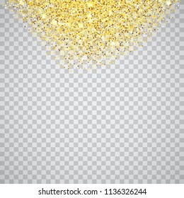 Gold glitter texture border over transparent checker background. Abstract golden sparkles of confetti. Vector square backdrop illustration.