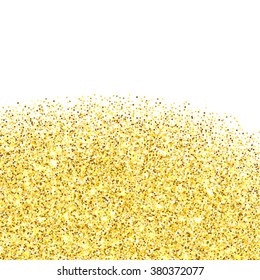 Gold glitter texture border over white background. Abstract golden sparkles of confetti. Vector illustration with room for your text.