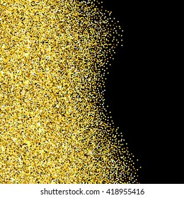 Gold glitter texture border over black background. Abstract golden sparkles of confetti. Vector illustration with room for your text.