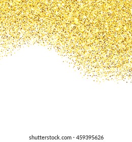 Gold glitter texture border over white background. Abstract golden sparkles of confetti. Vector illustration with room for your text.