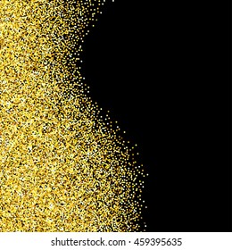 Gold glitter texture border over black background. Abstract golden sparkles of confetti. Vector illustration with room for your text.