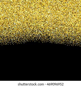 Gold glitter texture border over black background. Abstract golden sparkles of confetti. Vector illustration with room for your text.