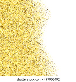 Gold glitter texture border over white background. Abstract golden sparkles of confetti. Vector illustration with room for your text.