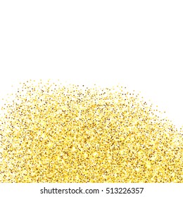 Gold glitter texture border over white background. Abstract golden sparkles of confetti. Vector illustration with room for your text.