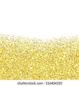 Gold glitter texture border over white background. Abstract golden sparkles of confetti. Vector illustration with room for your text.