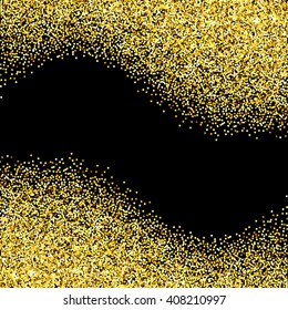 Gold glitter texture borders over black background. Abstract golden sparkles of confetti frame. Vector illustration with room for your text.