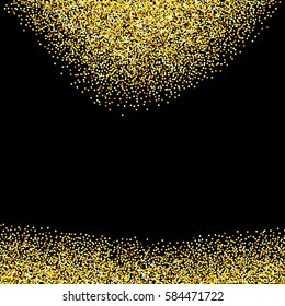 Gold glitter texture borders over black background. Abstract golden sparkles of confetti. Vector illustration with room for your text.