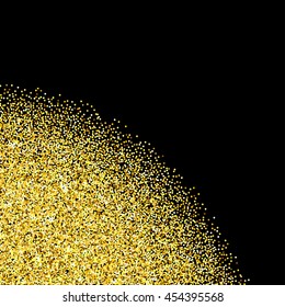 Gold glitter texture corner over black background. Abstract golden sparkles of confetti. Vector illustration with room for your text.
