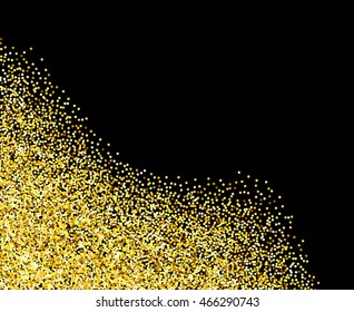 Gold glitter texture corner over black background. Abstract golden sparkles of confetti. Vector illustration with room for your text.