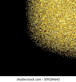 Gold glitter texture corner over black background. Abstract golden sparkles of confetti. Vector illustration with room for your text.